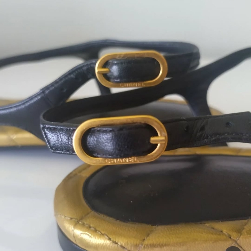 Chanel Black Gold CC Thong Flat Sandals - Picture 7 of 14